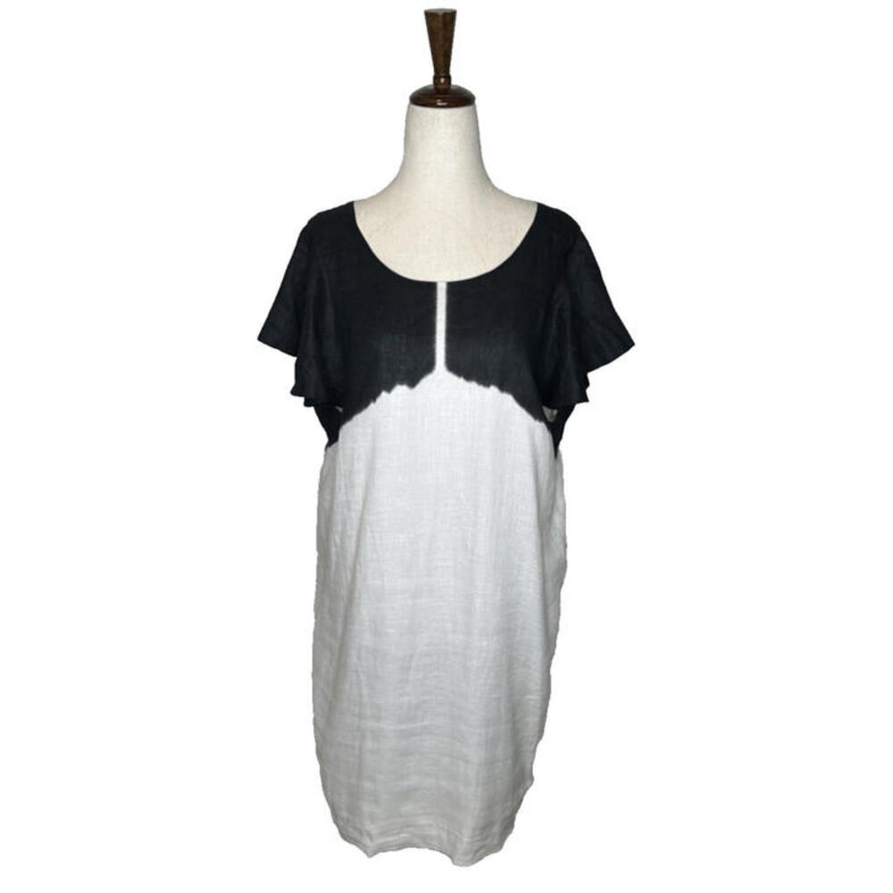 J Crew Linen A Line Shift Dress L Flutter Sleeve Lined Black White Knee Length - Picture 3 of 9